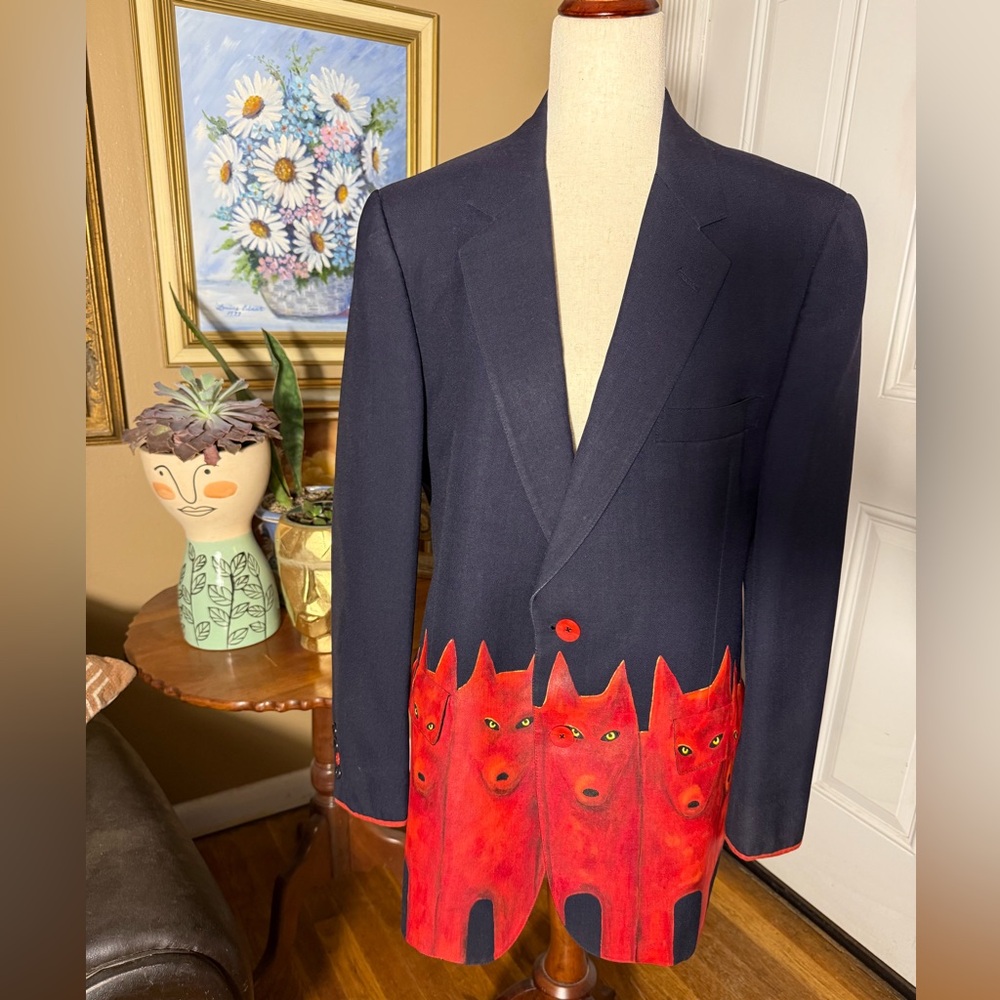 Upcycled Vintage Blazer Handpainted Wolves Statement Piece Pop Art One-of-a-Kind - Picture 2 of 12